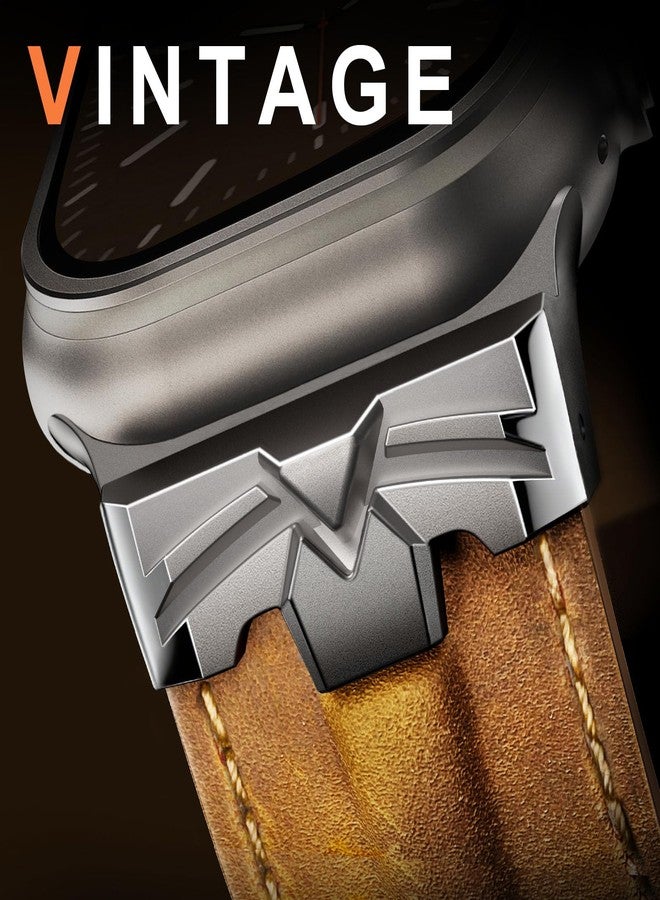 DABAOZA Compatible for Apple Watch Ultra 3 Band 49mm 46mm 45mm 44mm for Men Women, Genuine Leather Rugged Matel Connector Strap for iWatch Ultra 2 1 SE Series 11 10 9 8 7 6 5 4（Titanium/Brown） - Image 2