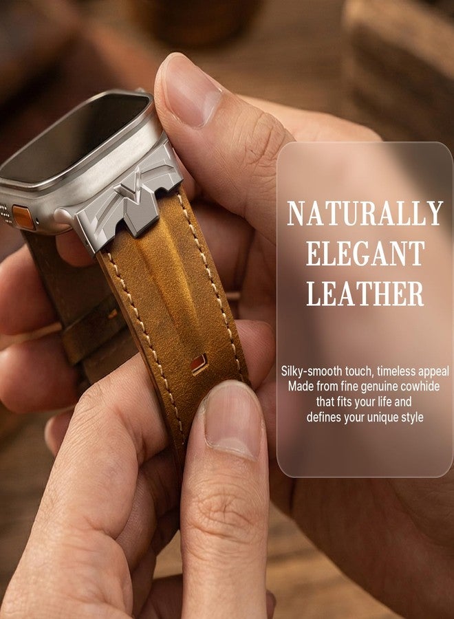 DABAOZA Compatible for Apple Watch Ultra 3 Band 49mm 46mm 45mm 44mm for Men Women, Genuine Leather Rugged Matel Connector Strap for iWatch Ultra 2 1 SE Series 11 10 9 8 7 6 5 4（Titanium/Brown） - Image 5
