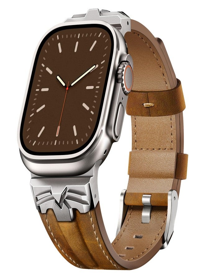 DABAOZA Compatible for Apple Watch Ultra 3 Band 49mm 46mm 45mm 44mm for Men Women, Genuine Leather Rugged Matel Connector Strap for iWatch Ultra 2 1 SE Series 11 10 9 8 7 6 5 4（Titanium/Brown） - Image 1