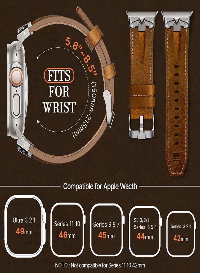 DABAOZA Compatible for Apple Watch Ultra 3 Band 49mm 46mm 45mm 44mm for Men Women, Genuine Leather Rugged Matel Connector Strap for iWatch Ultra 2 1 SE Series 11 10 9 8 7 6 5 4（Titanium/Brown） - Image 3