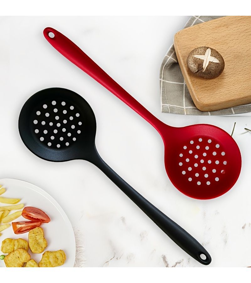 Kitchen Gadget 2 Piece Food Grade Silicone Colander And Slotted Spoon Set High Temperature Resistant Multifunctional Filter Spoon Non Scratch Non Stick Red - Image 3