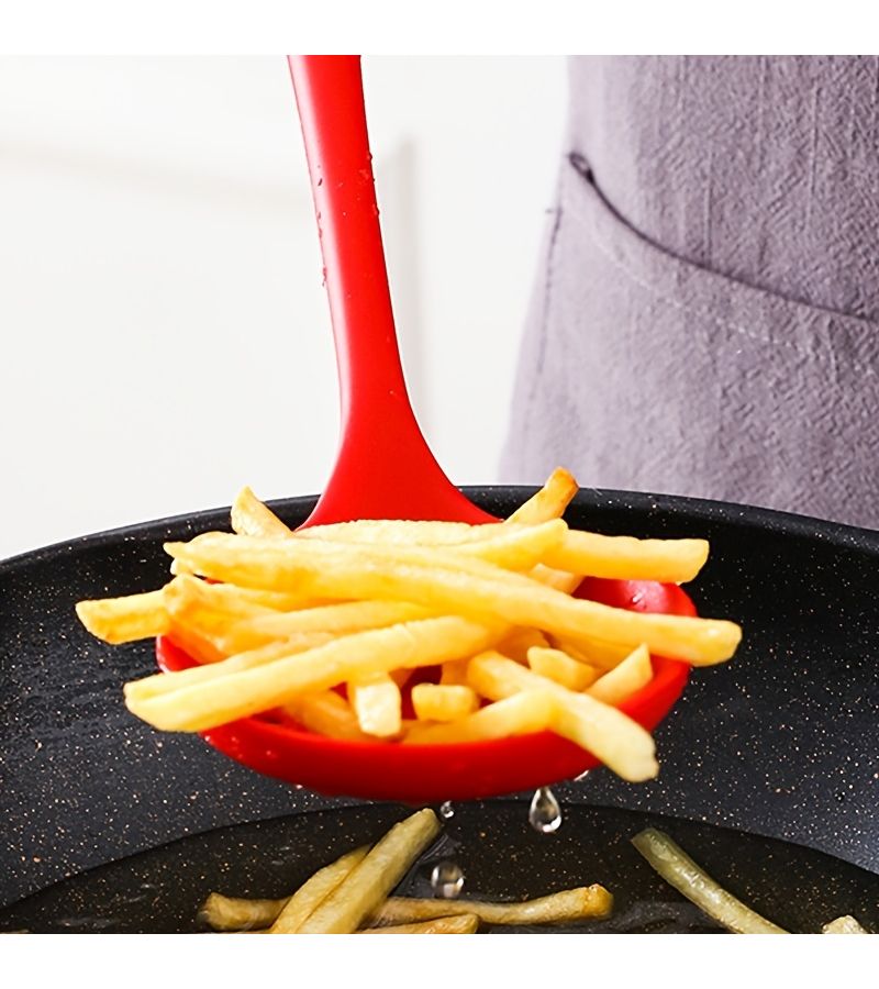 Kitchen Gadget 2 Piece Food Grade Silicone Colander And Slotted Spoon Set High Temperature Resistant Multifunctional Filter Spoon Non Scratch Non Stick Red - Image 2
