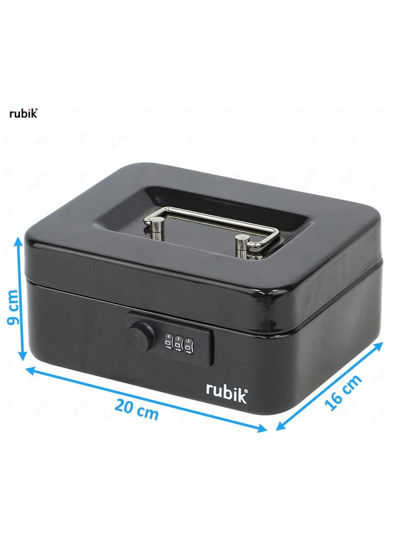 Rubik صندوق نقود متوسط الحجم مع صينية وقفل مركب، صندوق نقود محمول ومتين، آمن للفواتير والمجوهرات والإيصالات والعملات المعدنية (20 × 16 × 9 سم) أسود - Image 4