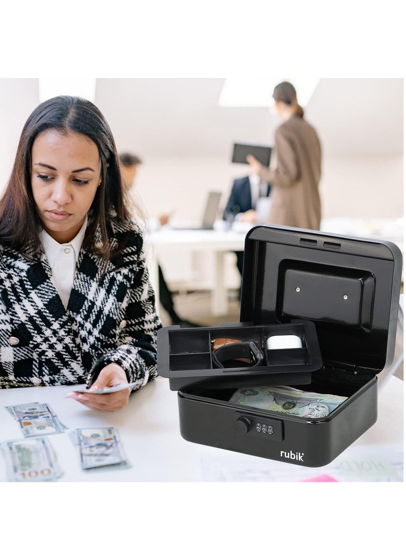 Rubik صندوق نقود متوسط الحجم مع صينية وقفل مركب، صندوق نقود محمول ومتين، آمن للفواتير والمجوهرات والإيصالات والعملات المعدنية (20 × 16 × 9 سم) أسود - Image 2