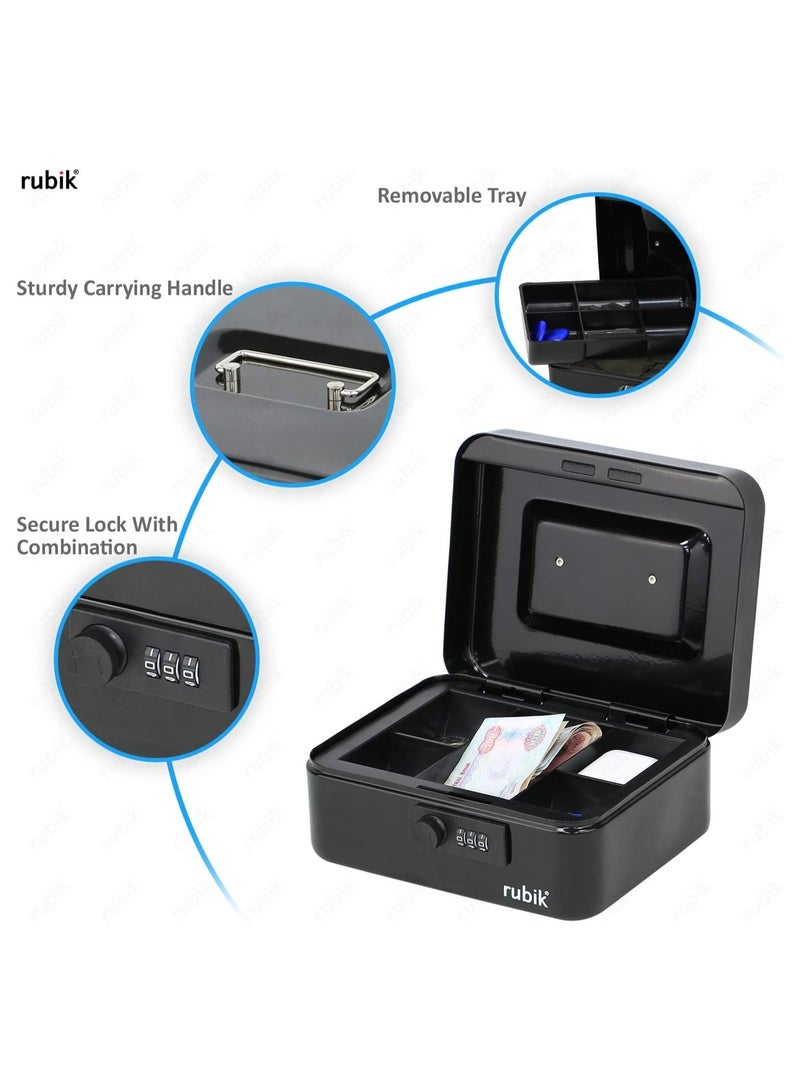 Rubik صندوق نقود متوسط الحجم مع صينية وقفل مركب، صندوق نقود محمول ومتين، آمن للفواتير والمجوهرات والإيصالات والعملات المعدنية (20 × 16 × 9 سم) أسود - Image 3