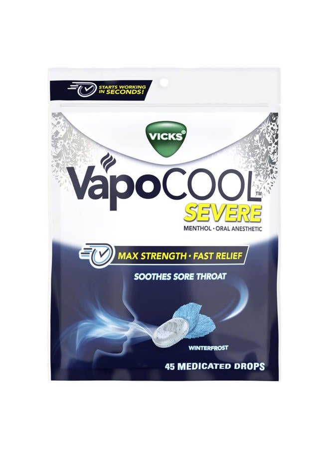 Vicks VapoCool Severe Medicated Sore Throat Drops, Max Strength Menthol, Soothes Sore Throat Pain, Winterfrost Flavor, 45ct - Image 1