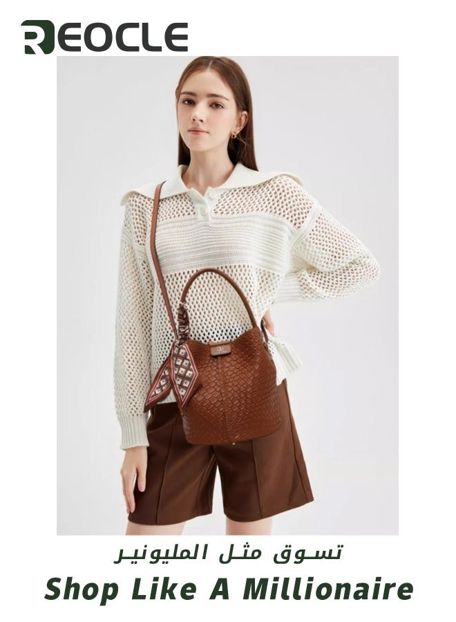 REOCLE Bucket Bag for Women PU Leather Drawstring Purse with Detachable Straps Ladies Tassel Hobo and Shoulder Handbags Lightweight Tote Bag - Image 5