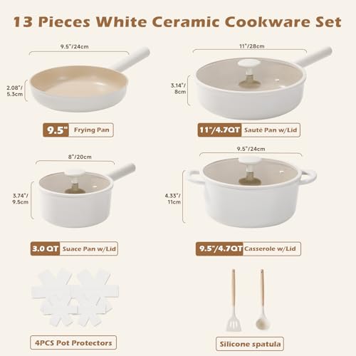 JEETEE Ceramic Cookware Set 13 Pcs Pots and Pans Set Nonstick with Rotation Removable Handles Healthy NonToxic Cooking Set for All Stoves Stackable Pots Pans Oven Safe PFOAPFOS Free Cream - Image 3