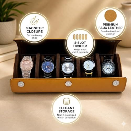 essart 5-Slot Watch Roll Travel Organizer – Premium PU Leather Watch Storage Case, Portable Travel Watch Roll for Men & Women, & Gift Box - Image 4