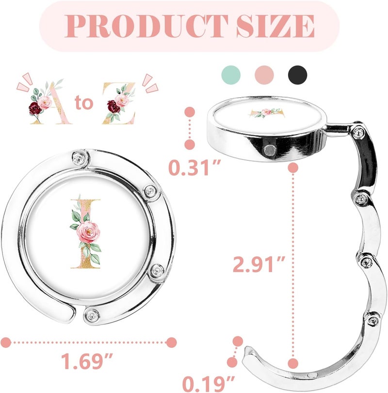 Iqimott 3pcs Personalized Initial Foldable Purse Hook for Table, Flower Letter Folding Handbag Hanger Portable Magnet Table Hook Holder, Collection Desk Purse Hooks for Women Bag (Pink-I) - Image 2
