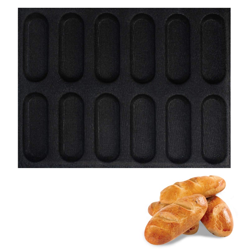Baker Boutique Silicone Hot Dog Bun Mold Mini Silicone Baguette Mould NonStick Baking Form Mini Sandwich Baking Molds Silicone Perforated Baking Forms12LoafBlack