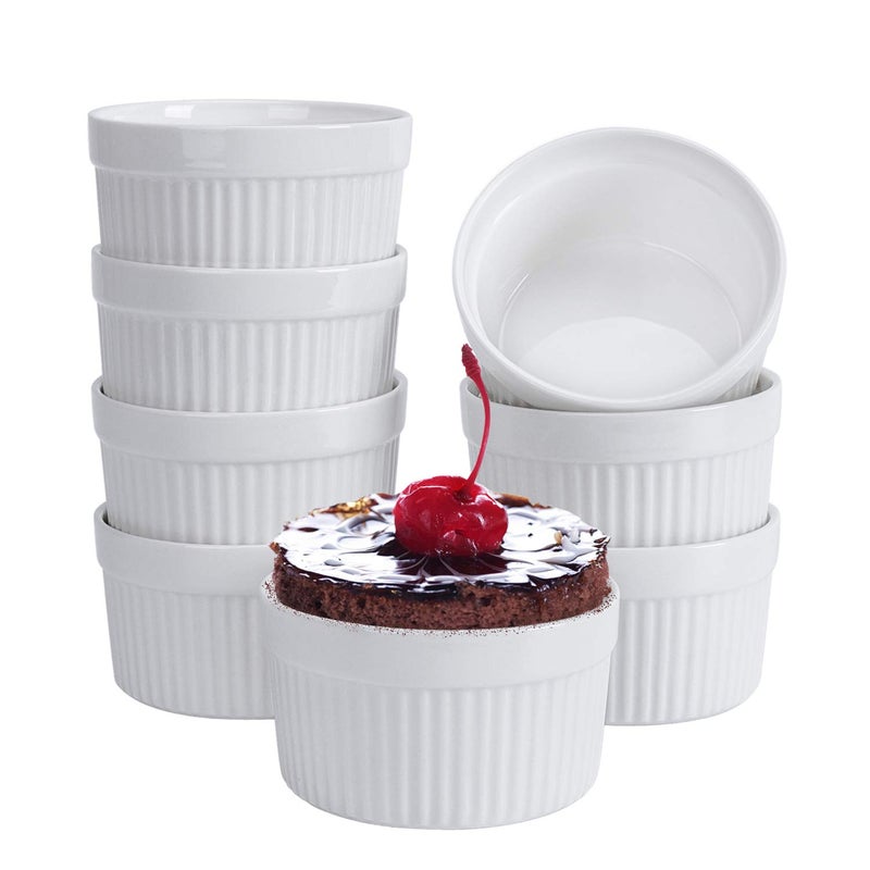 Ramekins 6 oz Set of 8 Creme Brulee Ramekins Souffle Dishes Oven Safe Porcelain Ramiken Bowls For Custard Lava Cakes Pudding Flan Mini Desserts Jam and Ice Cream Ramekins For Baking