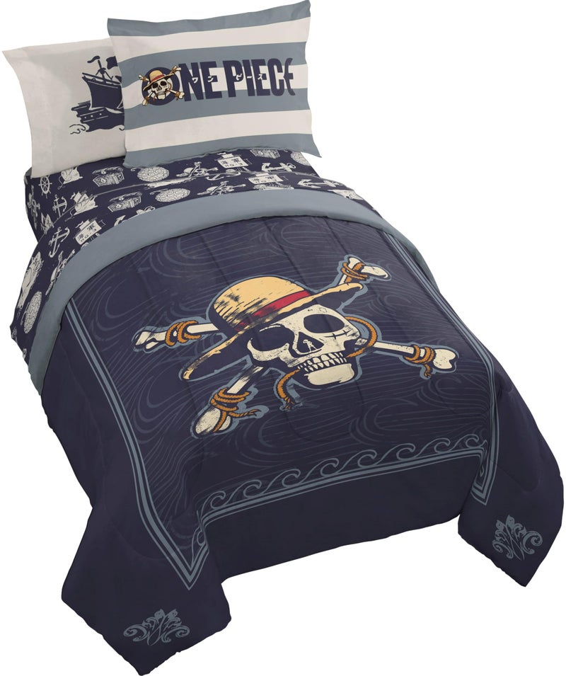 Jay Franco One Piece Full Size Comforter Set  7 Piece Blue Bedding Includes Sheet Set  Pillow Covers  Super Soft Anime Bedding with Skull and Bones