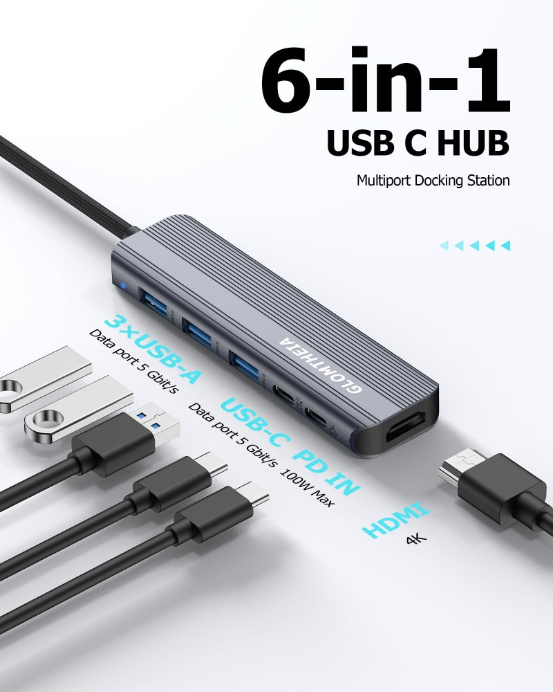 Glomtheia USB C Hub HDMI Multiport Adapter Dongles for MacBook Pro/Air Mac iPad Laptop, Tpye C Multiple Dock with 4k@30Hz HDMI, USB A 3.0, USB C 3.0, 100W Pass Through Charging - Image 2