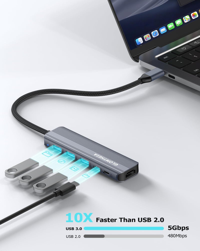Glomtheia USB C Hub HDMI Multiport Adapter Dongles for MacBook Pro/Air Mac iPad Laptop, Tpye C Multiple Dock with 4k@30Hz HDMI, USB A 3.0, USB C 3.0, 100W Pass Through Charging - Image 3