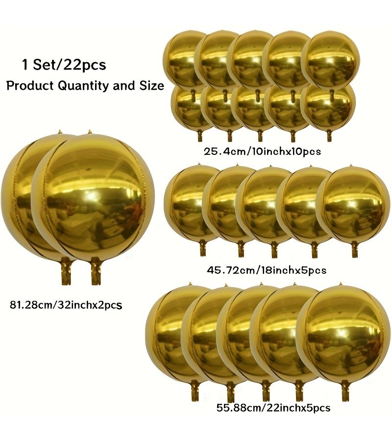22Pcs 4D Round Aluminum Foil Balloons Golden And Silvery Mixed Sizes 32 22 18 10 Inch For Wedding Party Graduation Birthday Celebration Decoration - Image 3