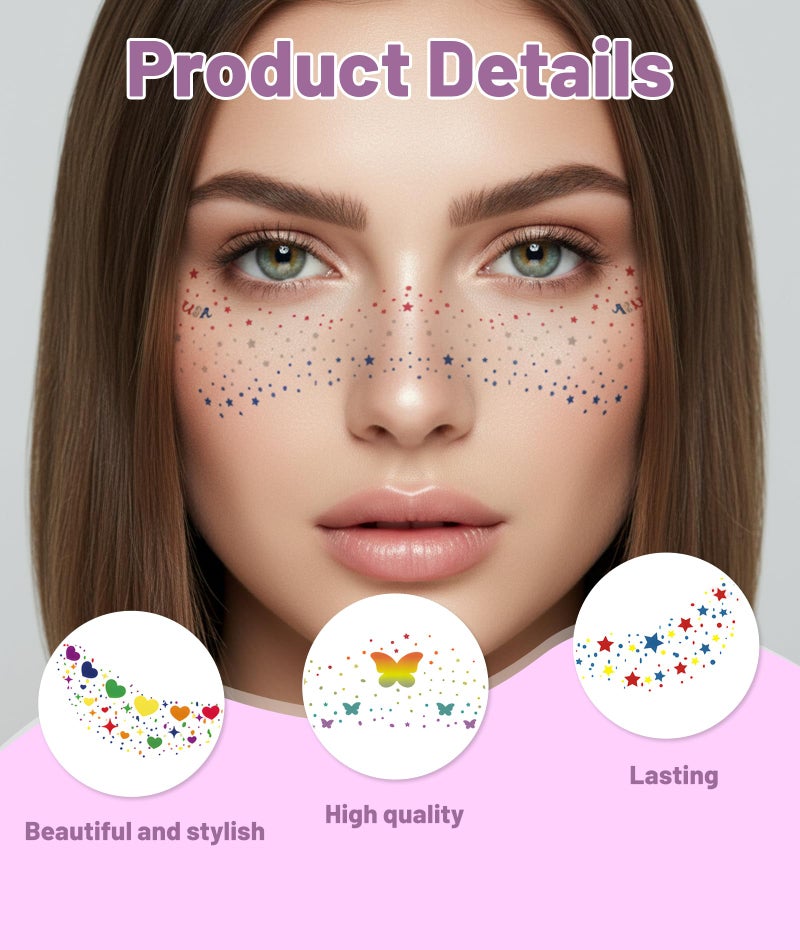 FFZDENA 8 Sheets Face Glitter, Temporary Face Stickers for Women, Waterproof Tattoo Stickers for Parties, Festivals, Photo Shoots, Body Shimmer, Eye Makeup Sticker, Glitter Powder, Freckle Design - Image 3