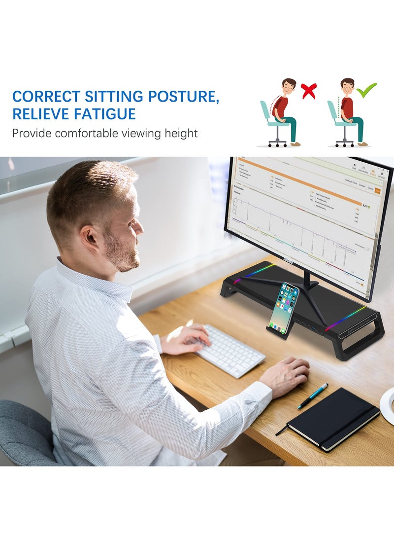 SYOSI Monitor Stand for Desk RGB Gaming Lights with USB 3.0 & 2.0 Hub, Foldable Computer Screen Riser with Storage Drawer and Phone Holder, Desk Organizer Laptop Shelf, for PC/ Laptop/ for iMac - Black  - Image 2