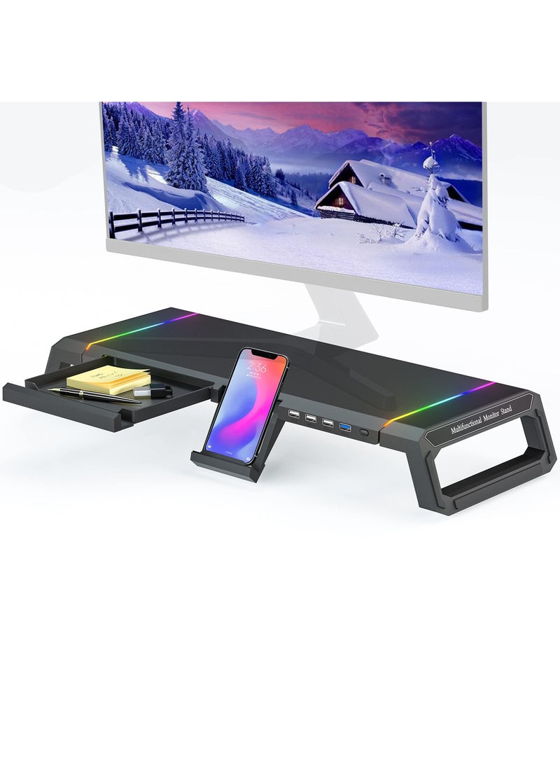 SYOSI Monitor Stand for Desk RGB Gaming Lights with USB 3.0 & 2.0 Hub, Foldable Computer Screen Riser with Storage Drawer and Phone Holder, Desk Organizer Laptop Shelf, for PC/ Laptop/ for iMac - Black  - Image 1