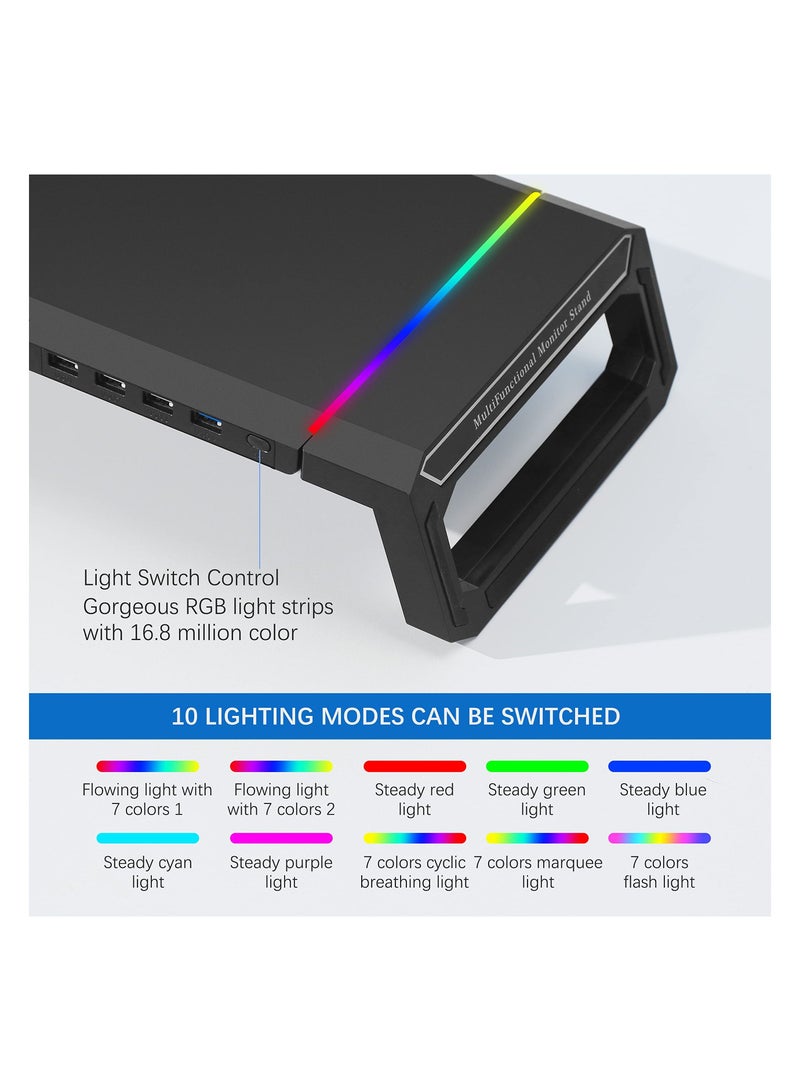 SYOSI Monitor Stand for Desk RGB Gaming Lights with USB 3.0 & 2.0 Hub, Foldable Computer Screen Riser with Storage Drawer and Phone Holder, Desk Organizer Laptop Shelf, for PC/ Laptop/ for iMac - Black  - Image 4