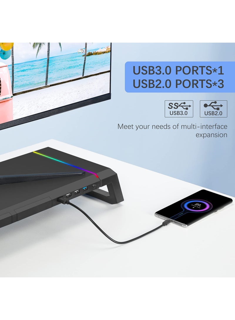 SYOSI Monitor Stand for Desk RGB Gaming Lights with USB 3.0 & 2.0 Hub, Foldable Computer Screen Riser with Storage Drawer and Phone Holder, Desk Organizer Laptop Shelf, for PC/ Laptop/ for iMac - Black  - Image 3