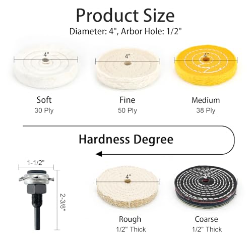 SCOTTCHEN 4" Buffing Polishing Wheels Soft(30Ply)/ Fine(50Ply)/ Medium(38Ply)/ Coarse 1/2" Thick/Rough 1/2" Thick with 1/2" Arbor Hole with 2sets 1/4" Shank for Drill - 5Pack - Image 2