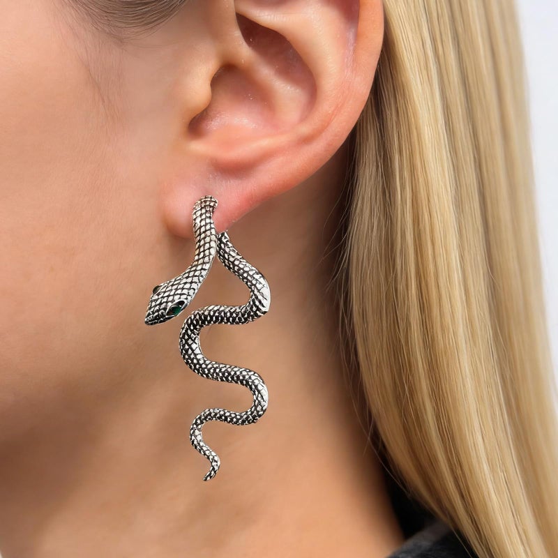 HTH Snake Earrings for Women Gothic Punk Front Back Snake Stud Earrings Accessories(Silver) - Image 2