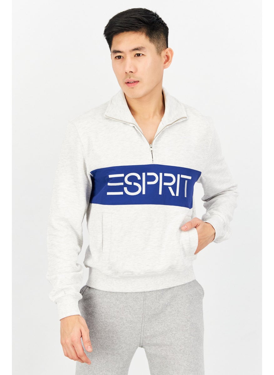 ESPRIT Men High Neck Long Sleeve Embroidered Sweatshirt, Light Grey  - Image 1