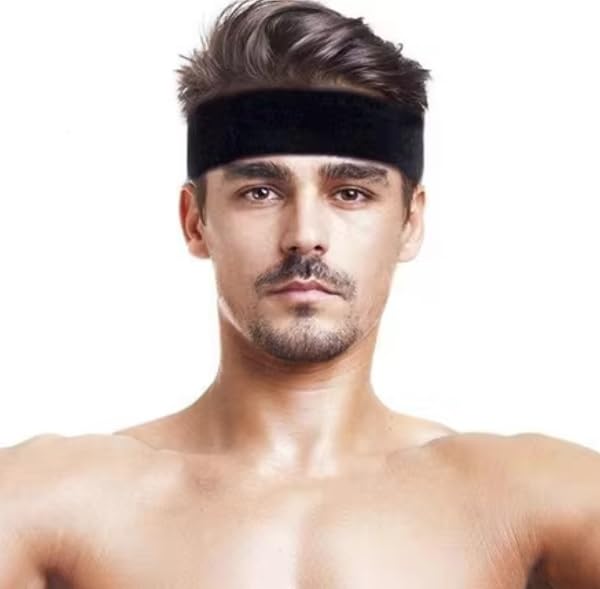 XFyt Cotton Blend Gym Sports Headband For Workouts, Exercise And Running High Sweat Absorption, Breathable, Anti Microbial, Non Slip Hairband Men Women Cricket Tennis Head Band (Black) - Image 2