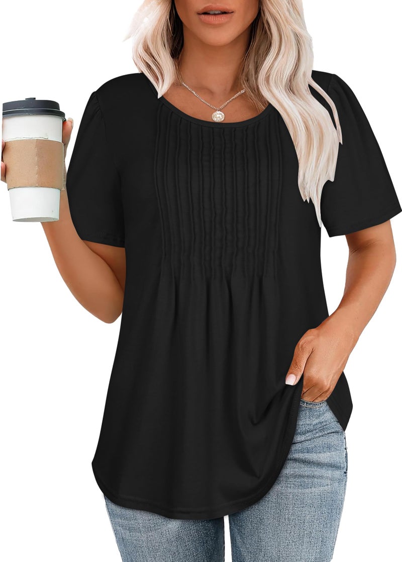 rosemia Womens T Shirts Short Sleeve Tops Dressy Casual Blouses Pleated Front Summer Outfits, Black Color, XL - Image 1