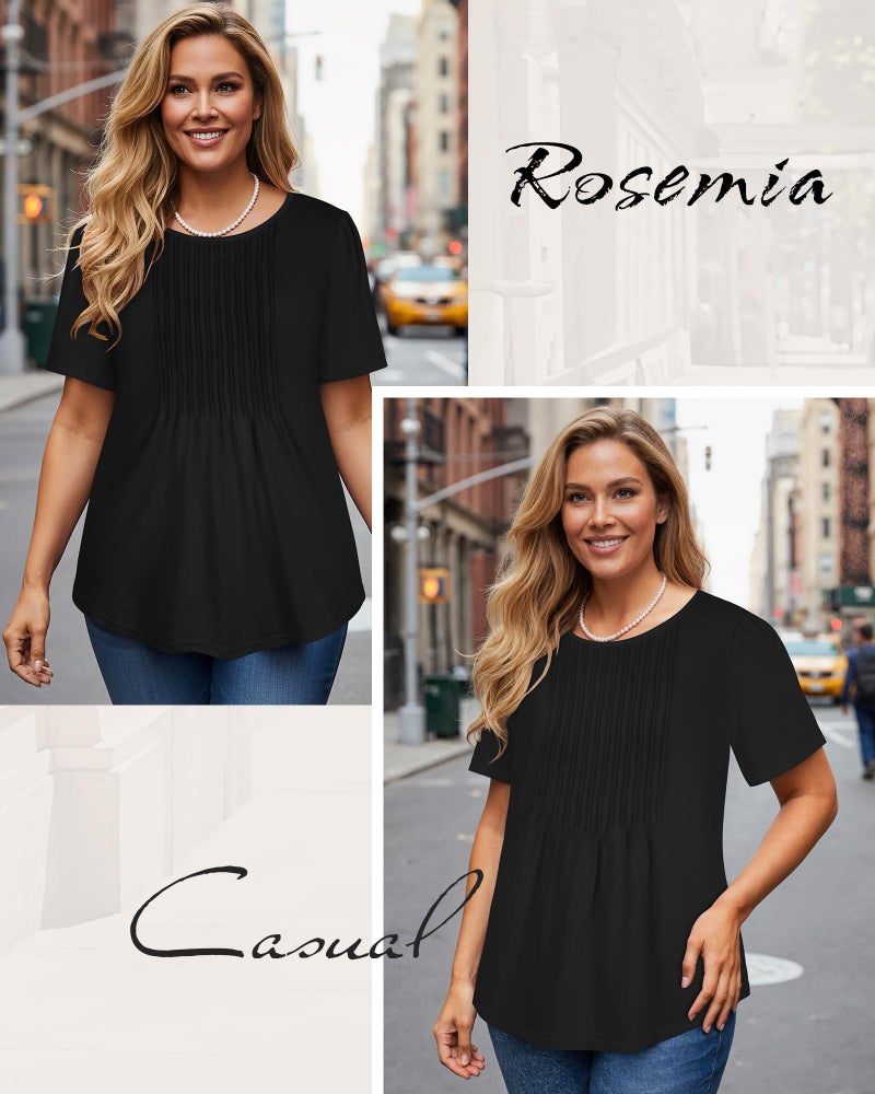 rosemia Womens T Shirts Short Sleeve Tops Dressy Casual Blouses Pleated Front Summer Outfits, Black Color, XL - Image 5