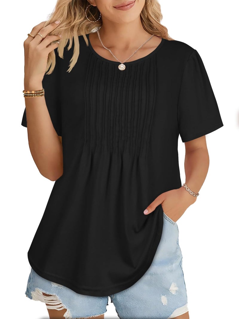 rosemia Womens T Shirts Short Sleeve Tops Dressy Casual Blouses Pleated Front Summer Outfits, Black Color, XL - Image 3