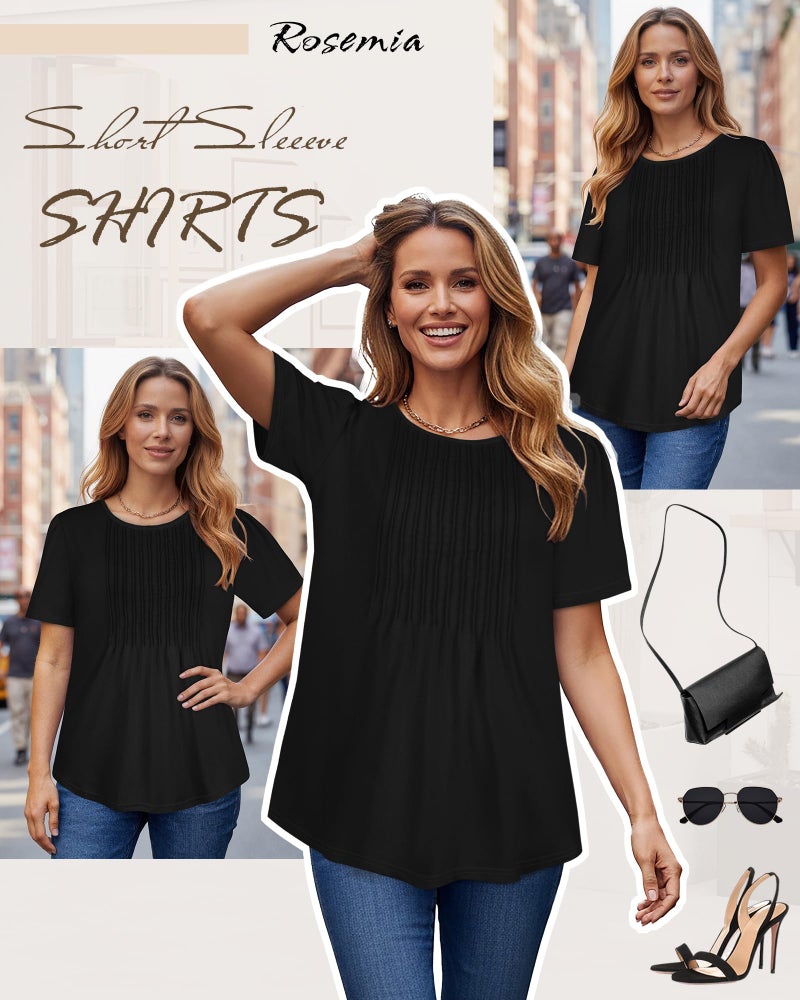 rosemia Womens T Shirts Short Sleeve Tops Dressy Casual Blouses Pleated Front Summer Outfits, Black Color, XL - Image 4