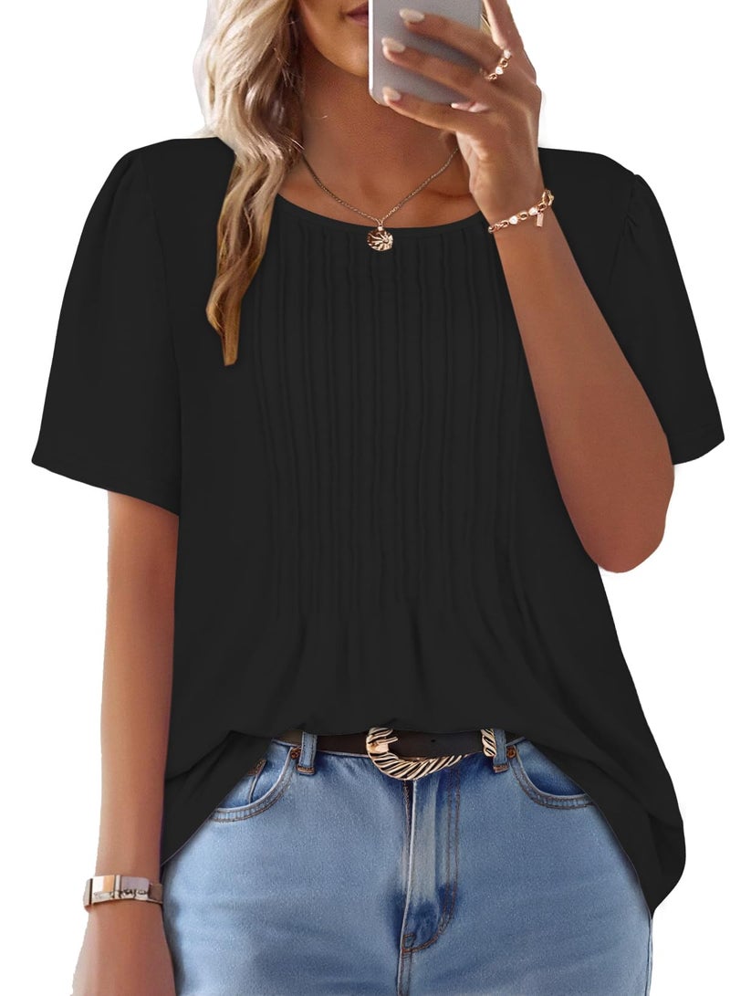 rosemia Womens T Shirts Short Sleeve Tops Dressy Casual Blouses Pleated Front Summer Outfits, Black Color, XL - Image 2