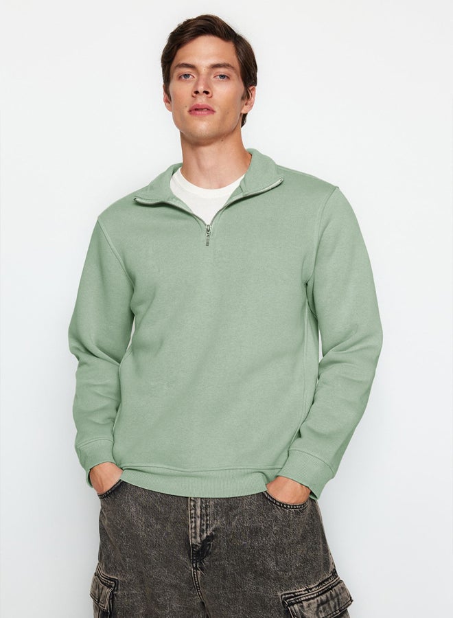 trendyol Mint Regular/Normal Cut Stand Collar Zippered Cotton Basic Fleece Sweatshirt - Image 1