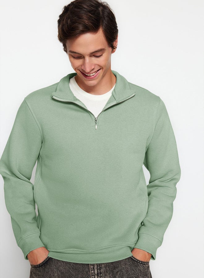 trendyol Mint Regular/Normal Cut Stand Collar Zippered Cotton Basic Fleece Sweatshirt - Image 2