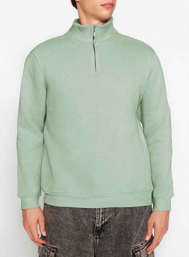 trendyol Mint Regular/Normal Cut Stand Collar Zippered Cotton Basic Fleece Sweatshirt - Image 4