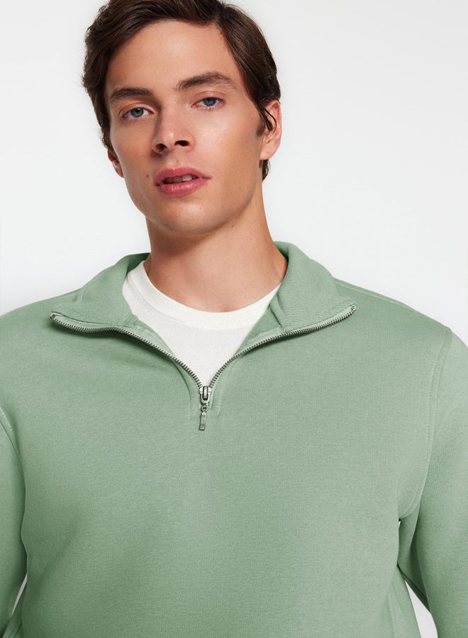 trendyol Mint Regular/Normal Cut Stand Collar Zippered Cotton Basic Fleece Sweatshirt - Image 3