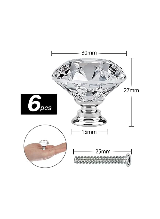 The Bros 6 Pcs Drawer Knobs Diamond Shaped Crystal Glass 30mm Cabinet Knobs Pull Handles (Silver) - Image 2