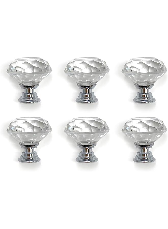 The Bros 6 Pcs Drawer Knobs Diamond Shaped Crystal Glass 30mm Cabinet Knobs Pull Handles (Silver) - Image 1