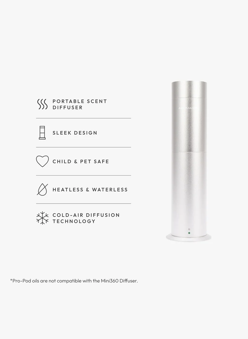 AROMA360 Mini Pro Essential Oil Diffuser - 600 sq ft Coverage - Aromatherapy Scent Diffuser for Home - Air Freshener - Compatible with Pro-Pod Oil- Silver