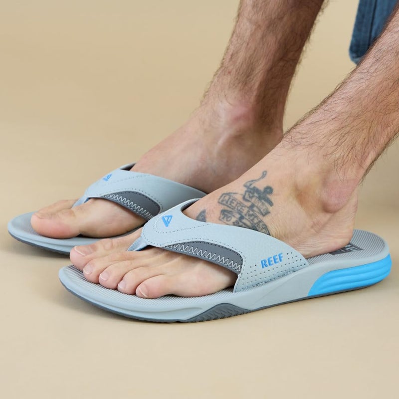 REEF Cushion Fanning Mens Flip Flop, Arch Support, Durable Outsole, Water Friendly, Light Grey/Blue, 10 - Image 2