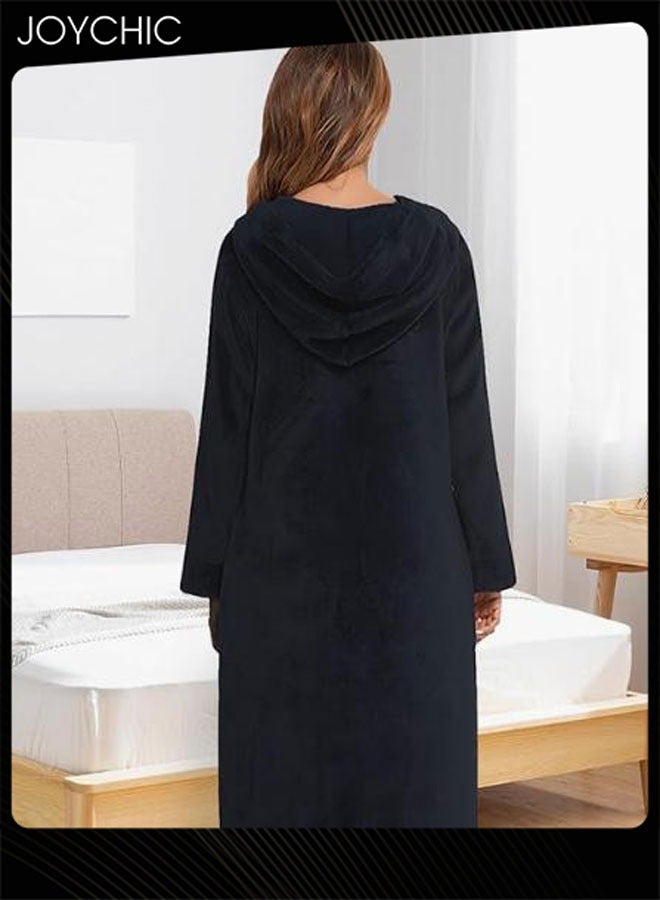 Joychic Long-sleeved Autumn and Winter Flannel Warm and Windproof Nightgown Cardigan Women Zipper Long Bedroom Pajamas with Hat and Pockets Black - Image 3