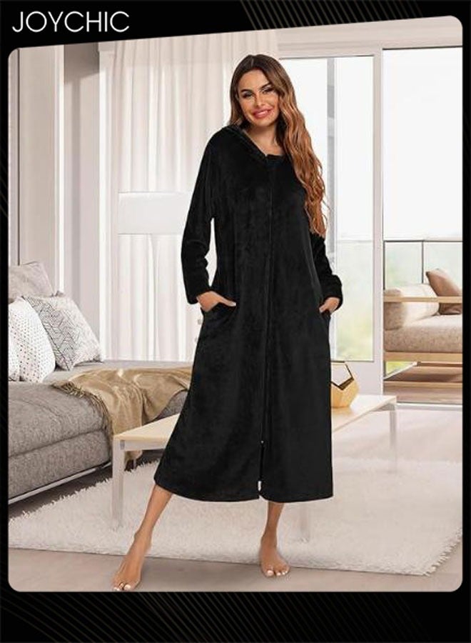 Joychic Long-sleeved Autumn and Winter Flannel Warm and Windproof Nightgown Cardigan Women Zipper Long Bedroom Pajamas with Hat and Pockets Black - Image 1