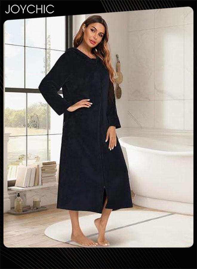 Joychic Long-sleeved Autumn and Winter Flannel Warm and Windproof Nightgown Cardigan Women Zipper Long Bedroom Pajamas with Hat and Pockets Black - Image 2