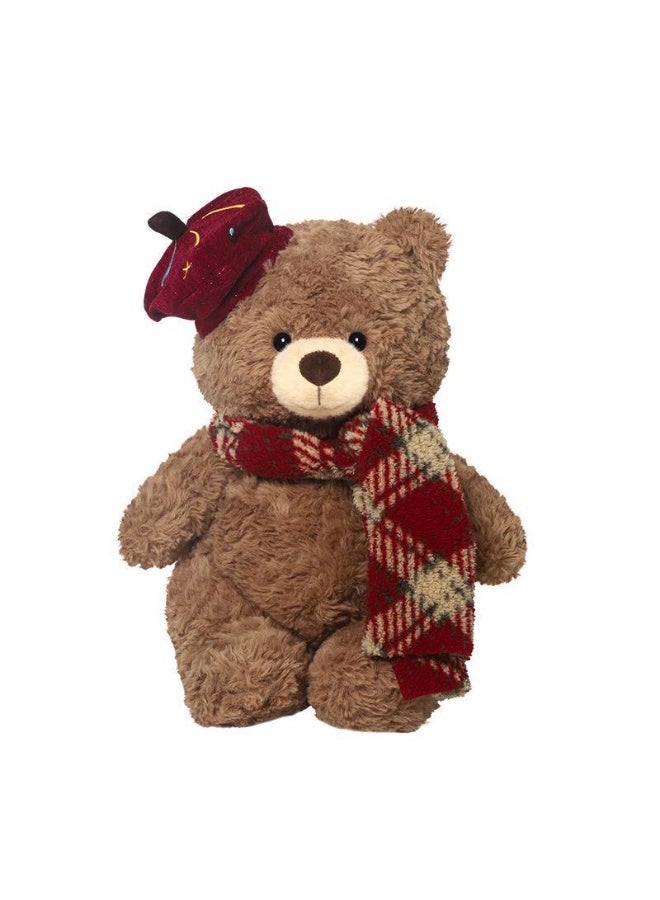 Sunspire Retro British-style beret teddy bear soft toy, red checked scarf curly-haired bear, 30cm soft comfort pillow, festive gift for New Year and Christmas, heart-warming soft toy for girls - Image 1