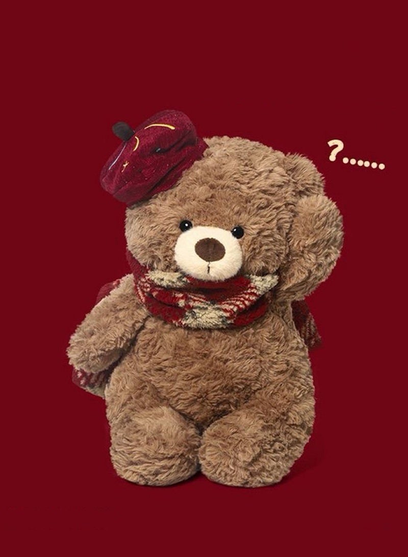 Sunspire A retro British-style beret-wearing teddy bear soft toy, featuring a curly-haired bear wearing a red checked scarf. This 30cm soft and cuddly teddy bear has an adorable brown bear design, making it perfect for bedroom décor or as a birthday present, suitable for both boys and girls. - Image 2
