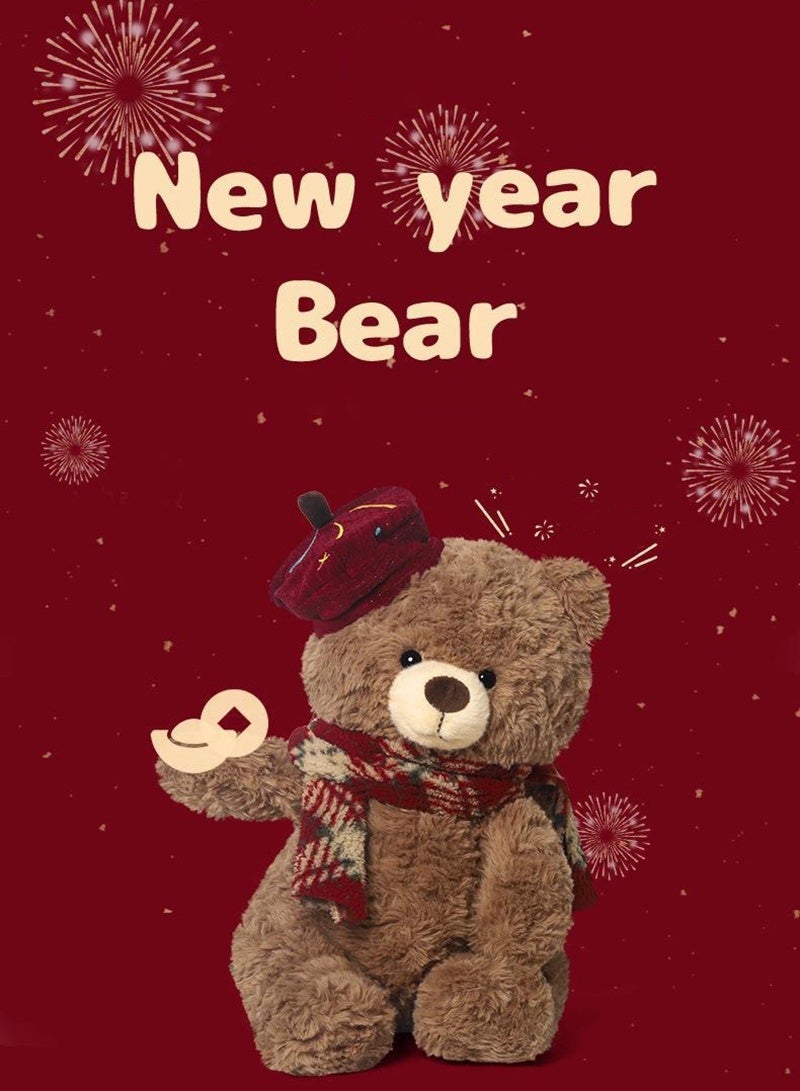 Sunspire A retro British-style beret-wearing teddy bear soft toy, featuring a curly-haired bear wearing a red checked scarf. This 30cm soft and cuddly teddy bear has an adorable brown bear design, making it perfect for bedroom décor or as a birthday present, suitable for both boys and girls. - Image 5
