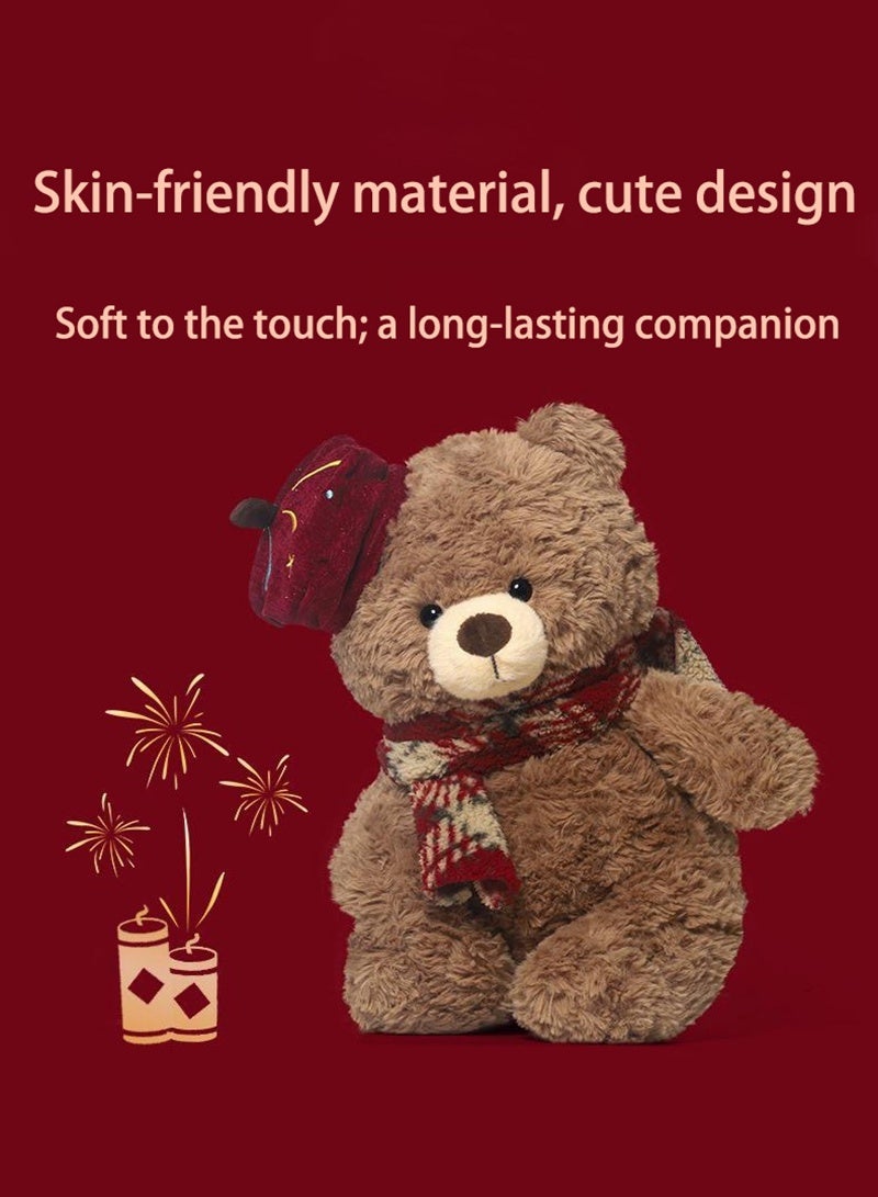 Sunspire A retro British-style beret-wearing teddy bear soft toy, featuring a curly-haired bear wearing a red checked scarf. This 30cm soft and cuddly teddy bear has an adorable brown bear design, making it perfect for bedroom décor or as a birthday present, suitable for both boys and girls. - Image 3