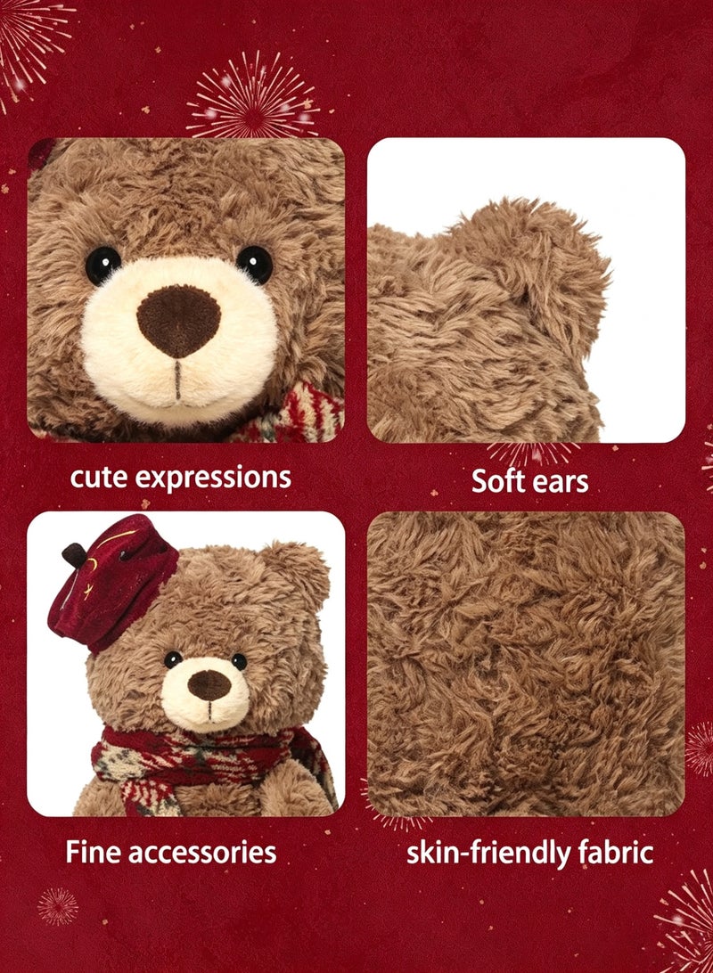 Sunspire A retro British-style beret-wearing teddy bear soft toy, featuring a curly-haired bear wearing a red checked scarf. This 30cm soft and cuddly teddy bear has an adorable brown bear design, making it perfect for bedroom décor or as a birthday present, suitable for both boys and girls. - Image 4